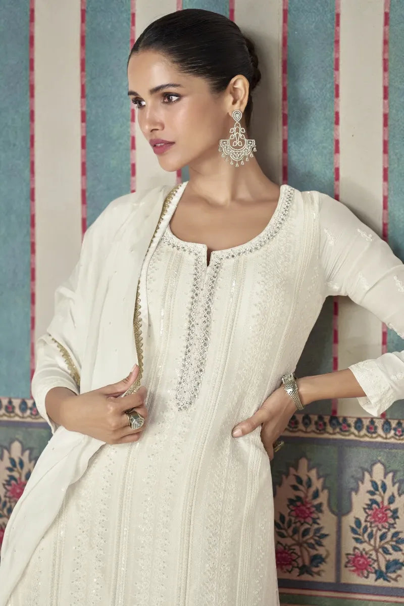 White Premium Real Chinon Silk Sharara Suit