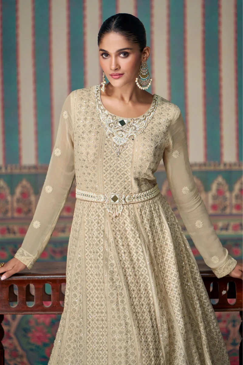 Beige Georgette Gown with Embroidery & Sequins Work