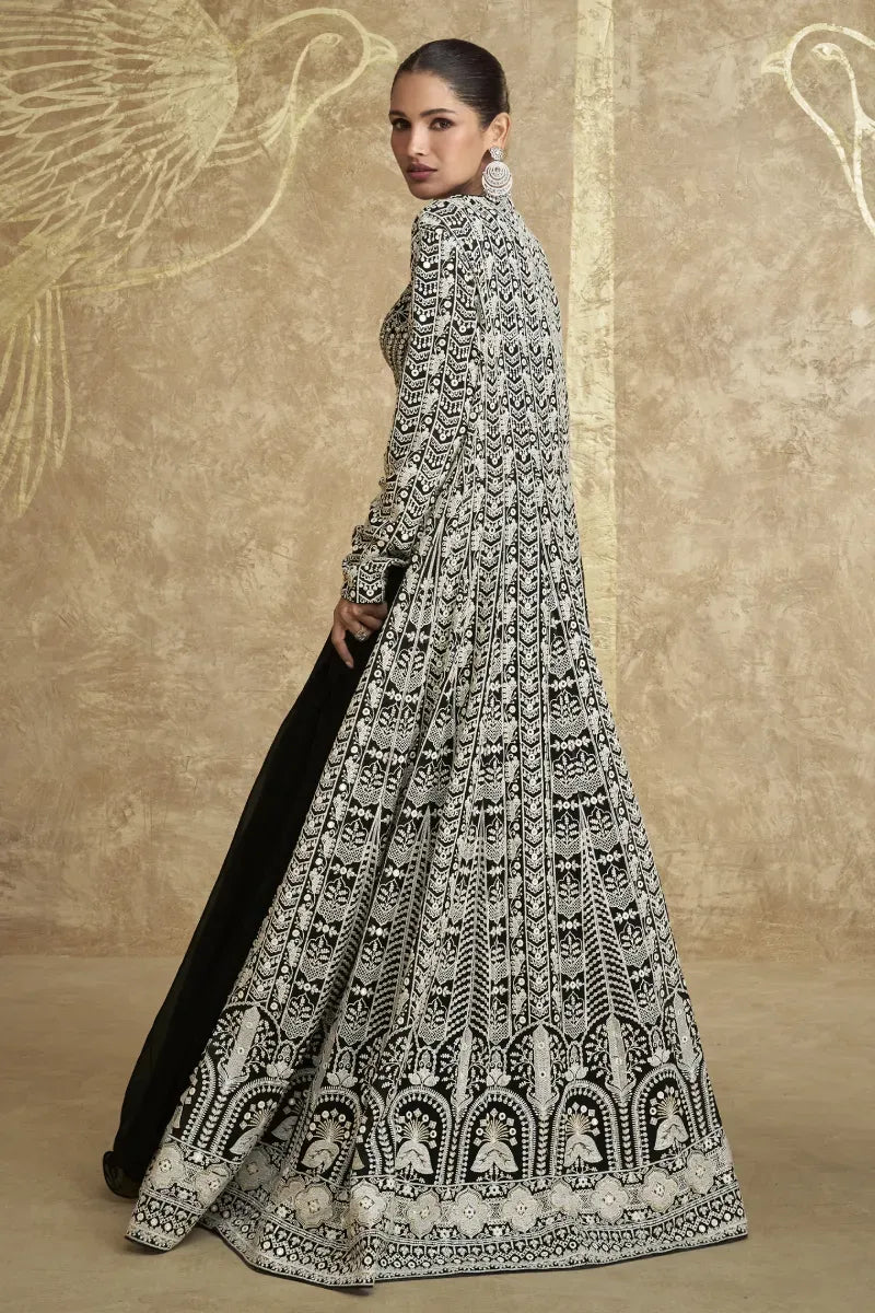 Black Real Georgette Embroidered Jacket Style Lehenga