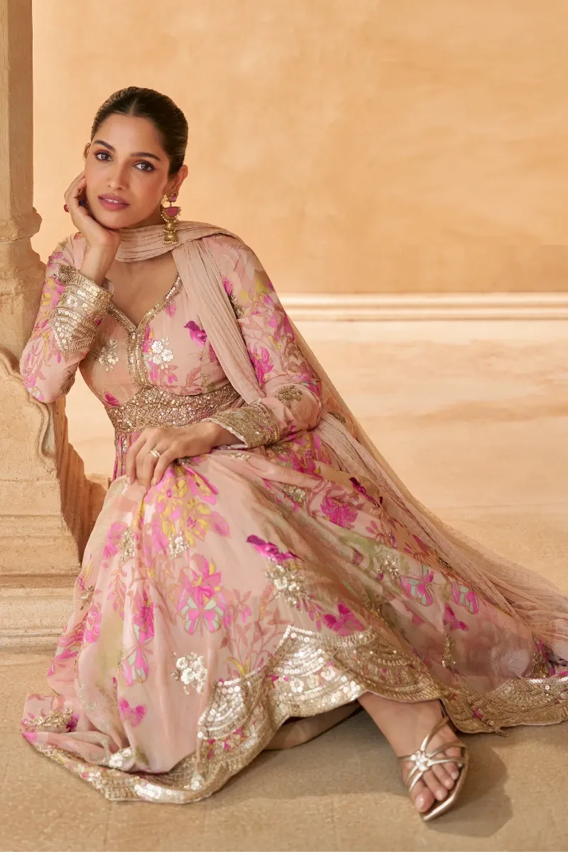 Peach Chinnon Silk Gown with Nazmeen Dupatta