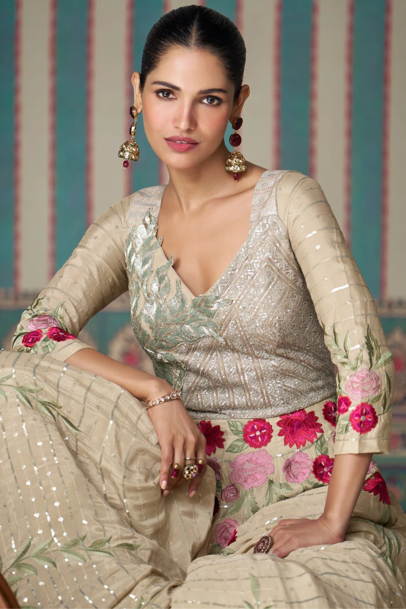 Beige Chinnon Gown with Embroidery & Sequins Work