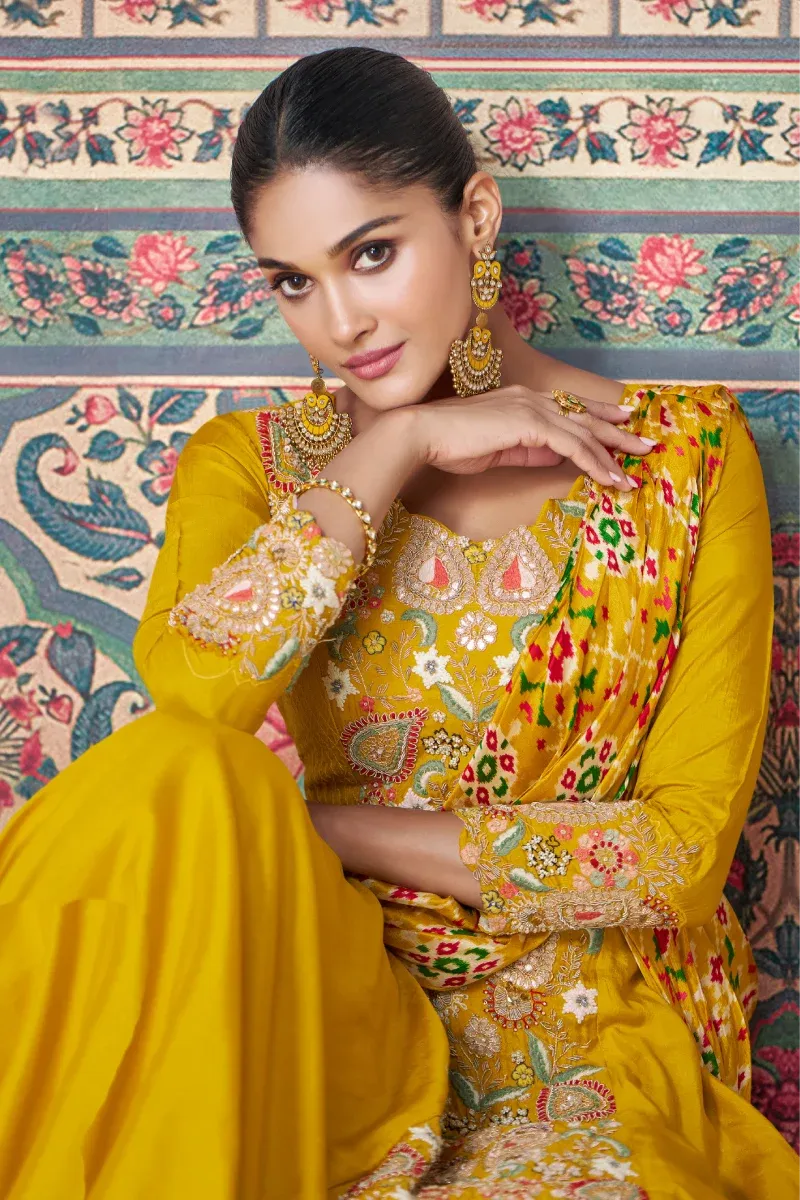 Mustard Silk Gown with Embroidery, Print & Sequins Work