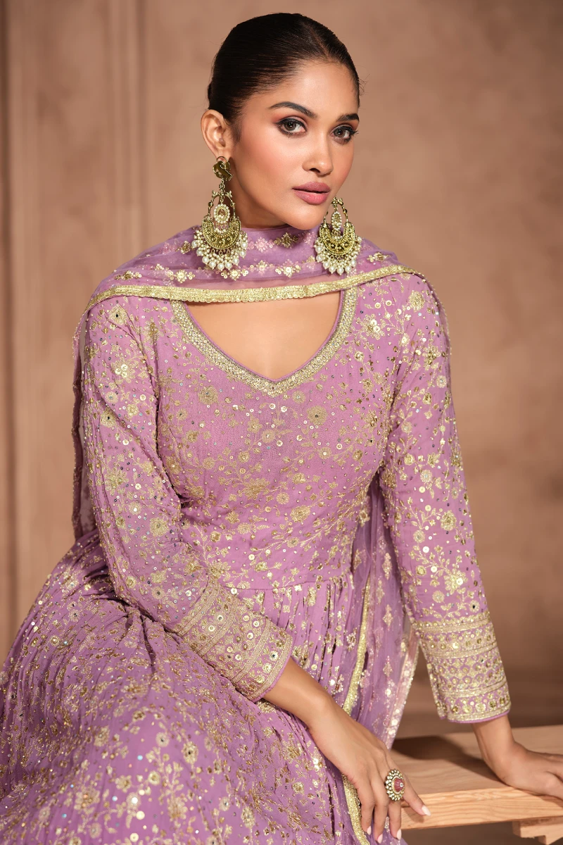 Pink Ombre Embroidered Georgette Anarkali Gown with Dupatta