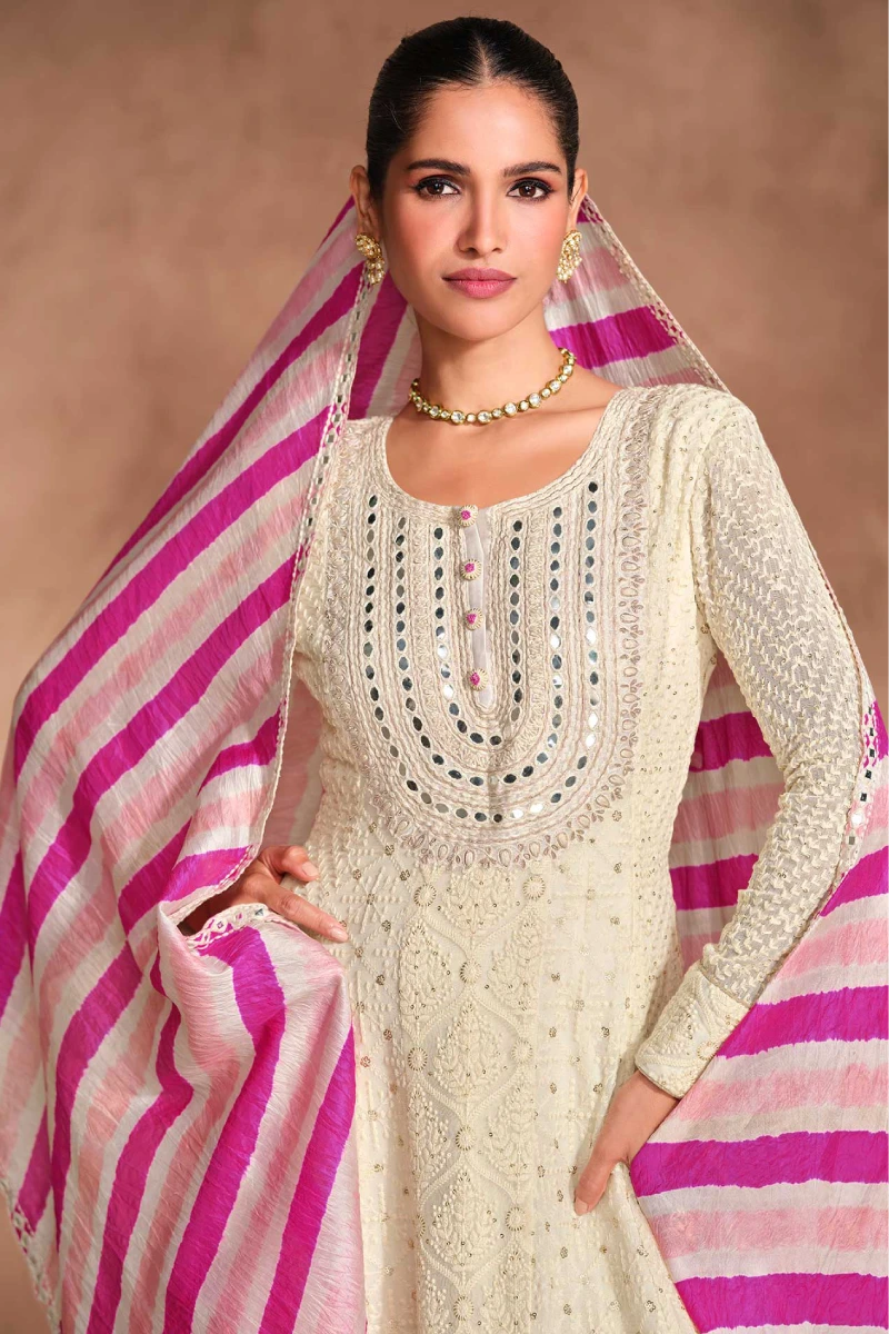 Beige Gown with Pink & White Silk Dupatta