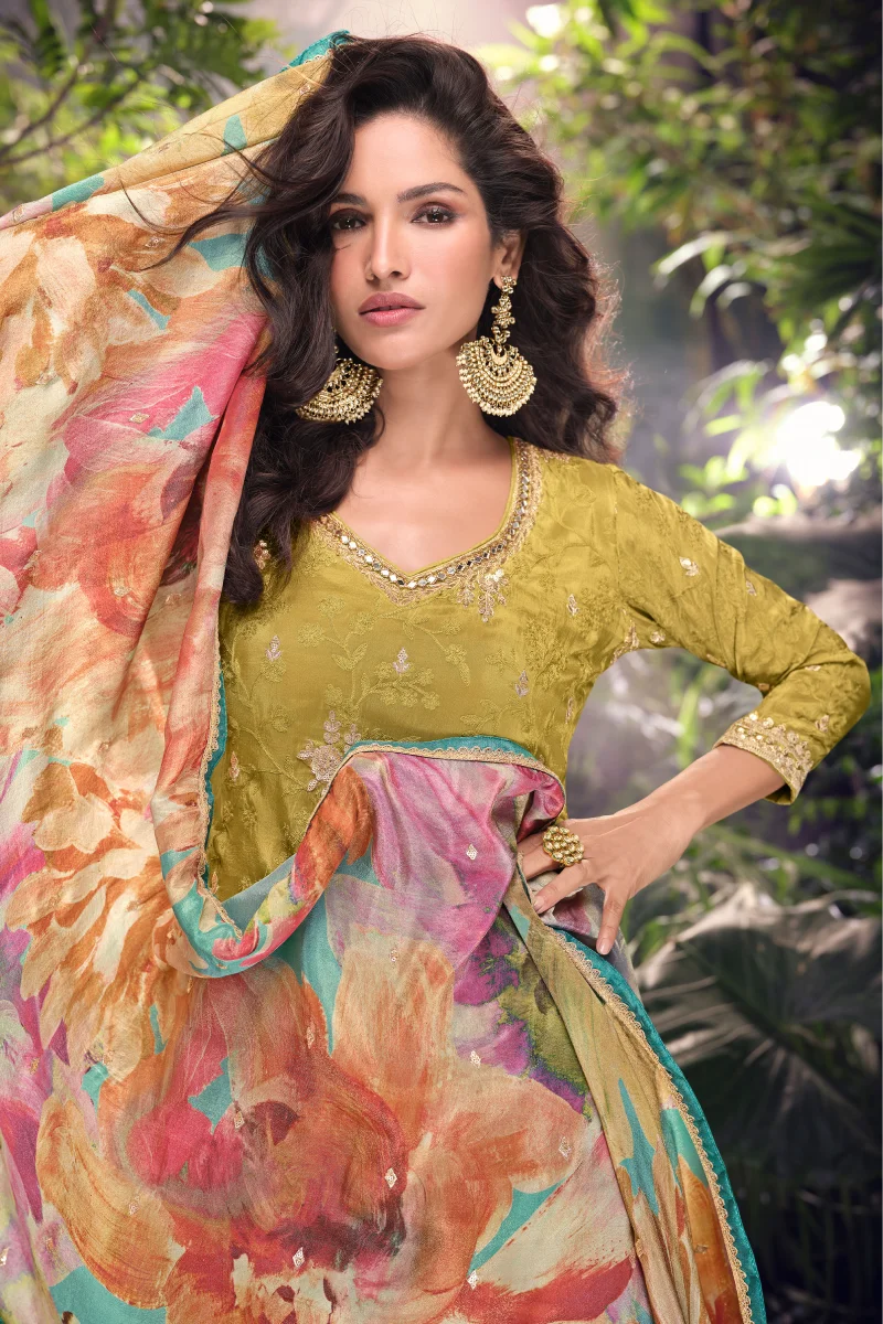 Olive Green Embroidered Chinnon Silk Palazzo Suit