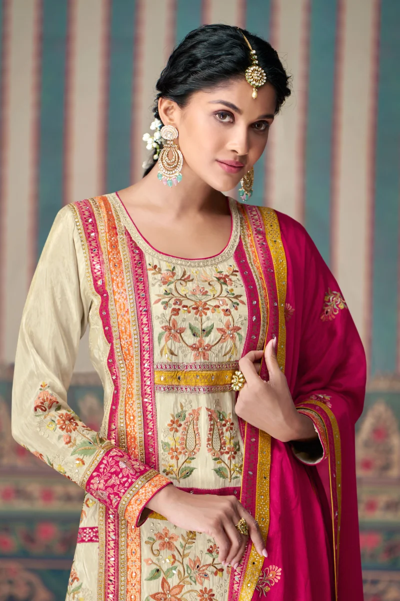 Beige and Pink Simar Silk Emboridered Palazzo Suit