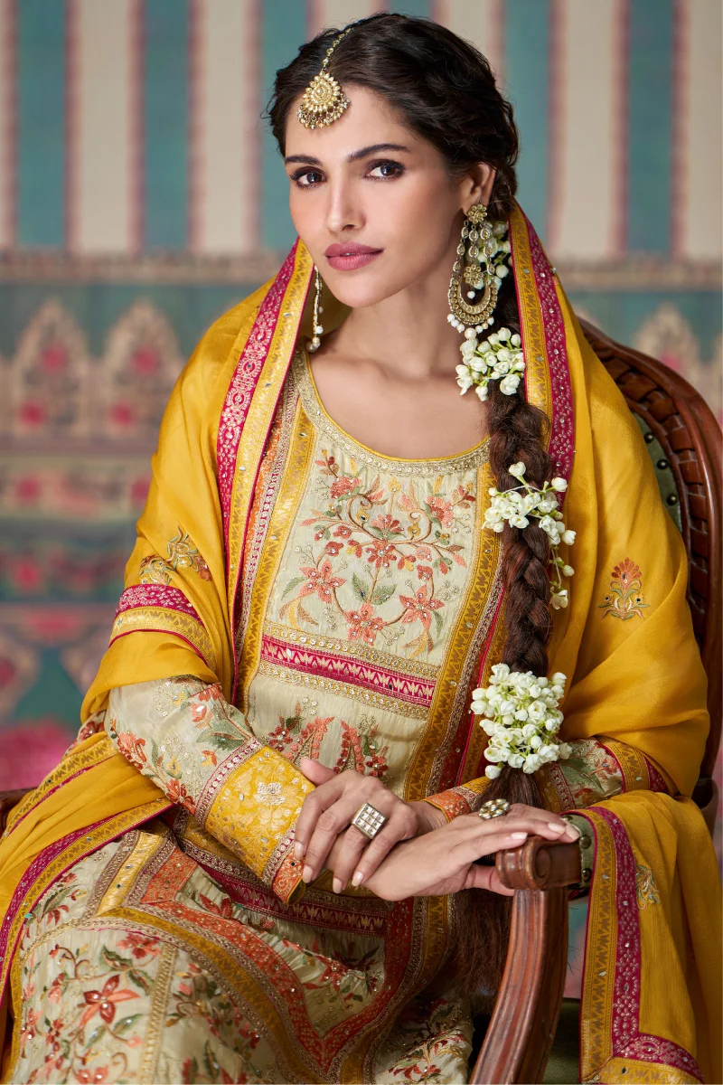 Beige and Mustard Simar Silk Embroidered Palazzo Suit