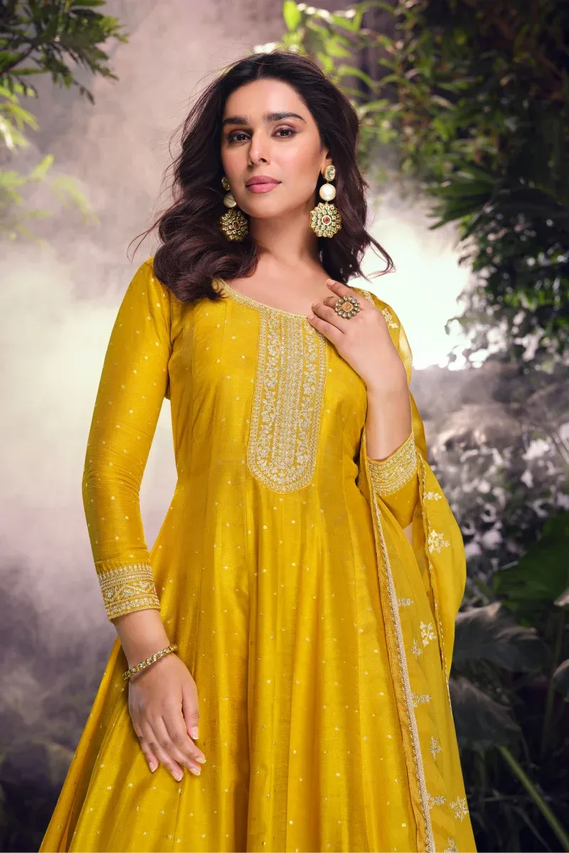 Yellow Jacquard Silk Embroidered Palazzo Suit