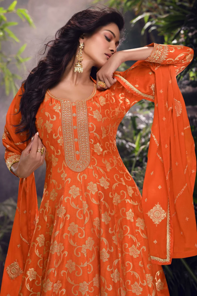 Orange Jacquard Silk Embroidered Palazzo Suit