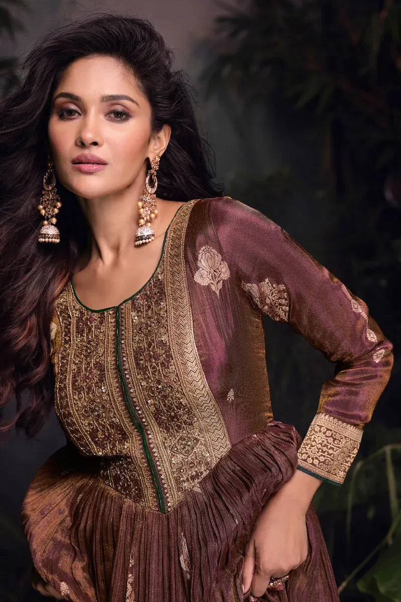 Brown & Purple Jacquard Silk Gown with Embroidery & Sequins Work