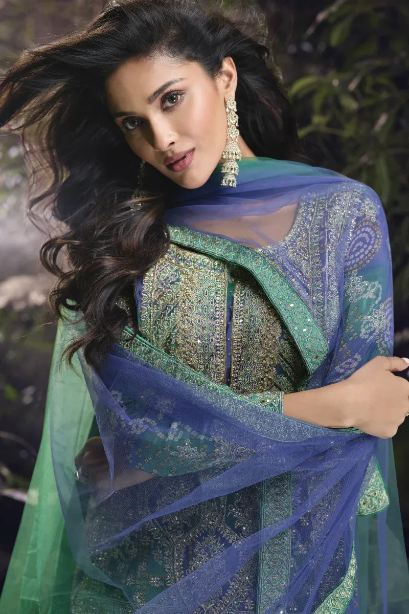 Turquoise Tie-Dye Embroidered Palazzo Suit