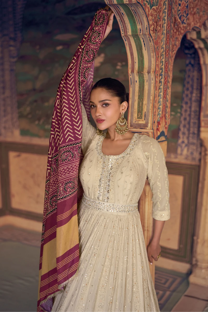 Off-White Georgette Gown with Maroon Chinnon Silk Dupatta & Chikankari Embroidery