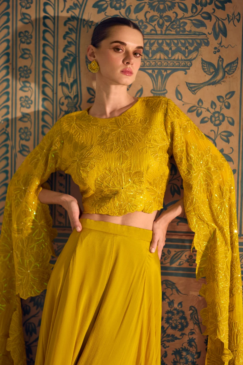 Yellow Chinnon Silk Palazzo Suit with Embroidery & Stonework