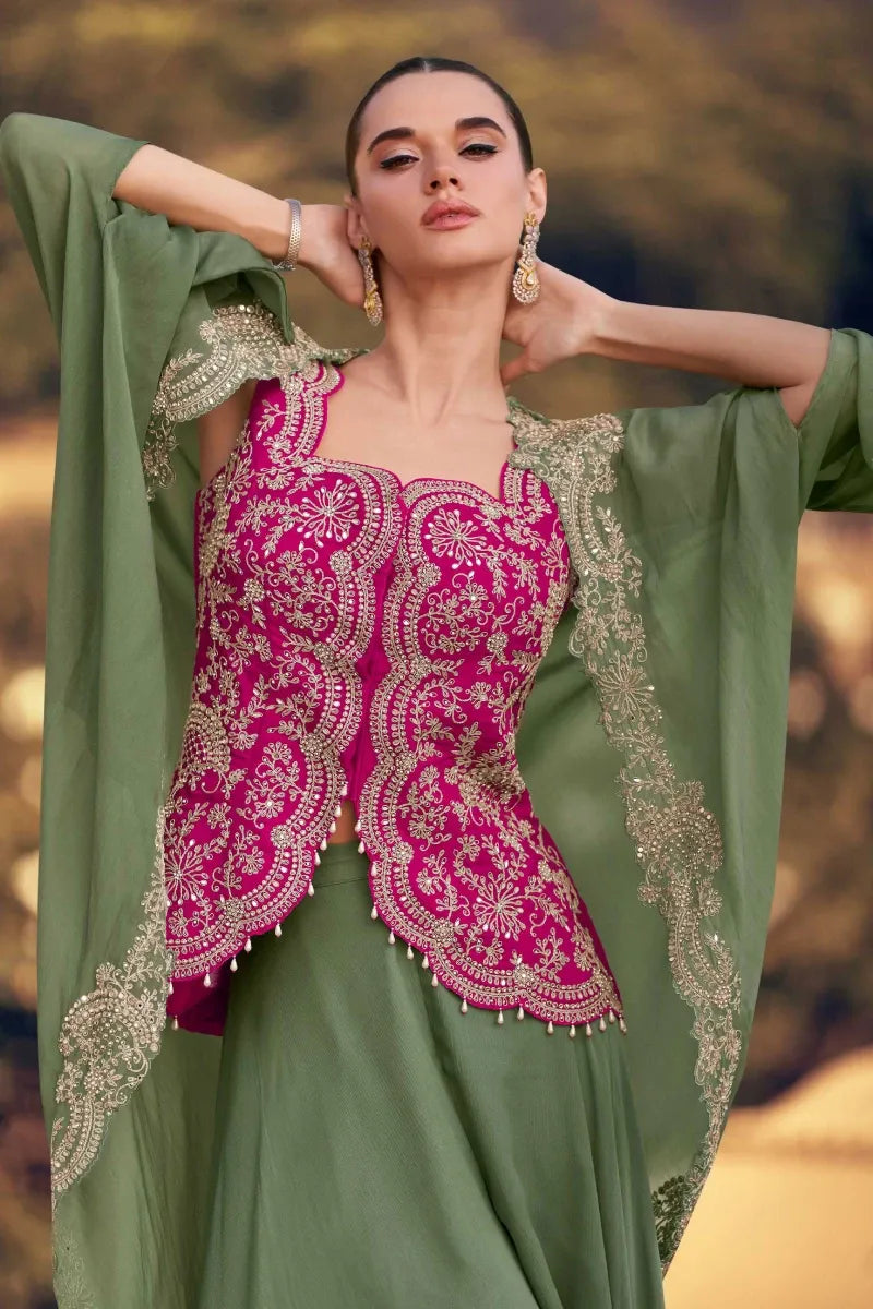 Rani Pink & Sea Green Palazzo Set with Jacket