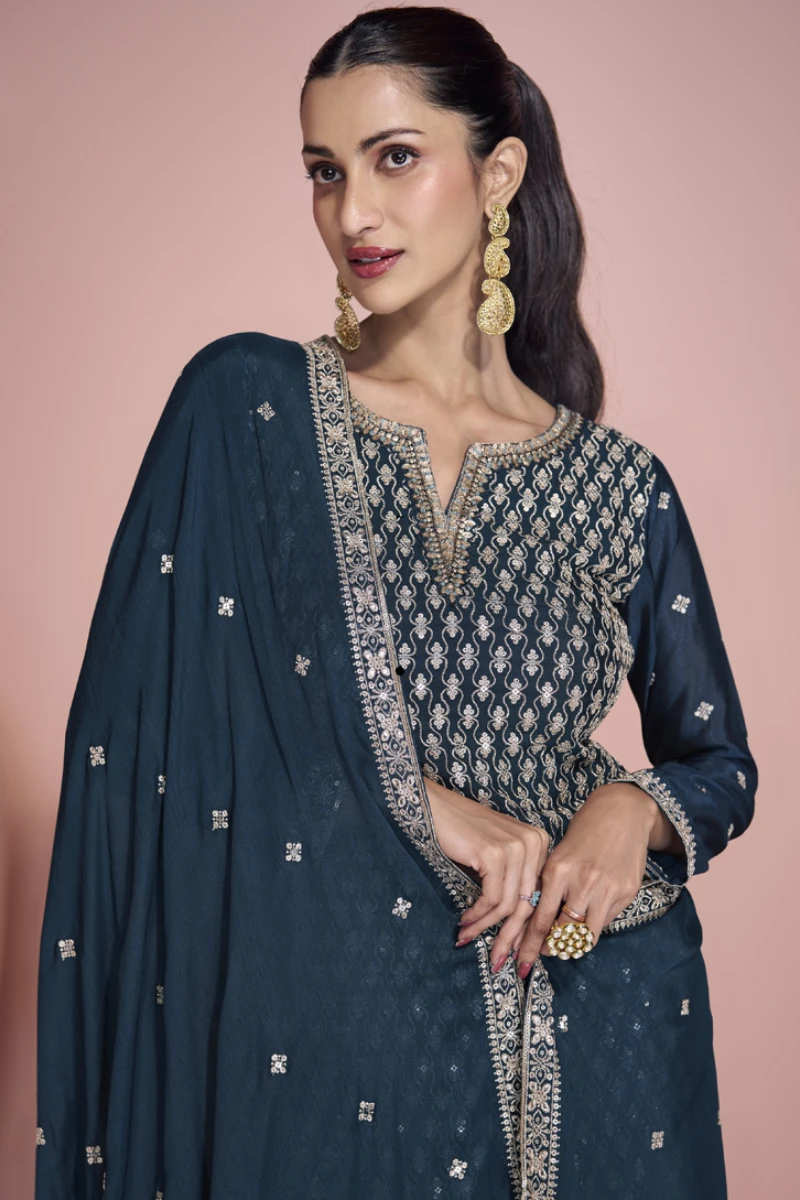 Blue Premium Chinon Silk Embroidered Sharara Suit