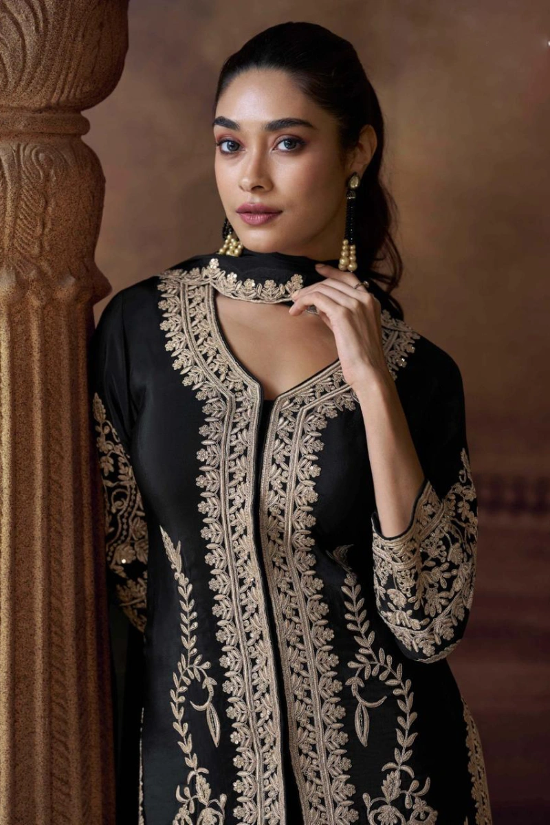 Black Chinon Silk Thread Embroidered Straight Pant Suit