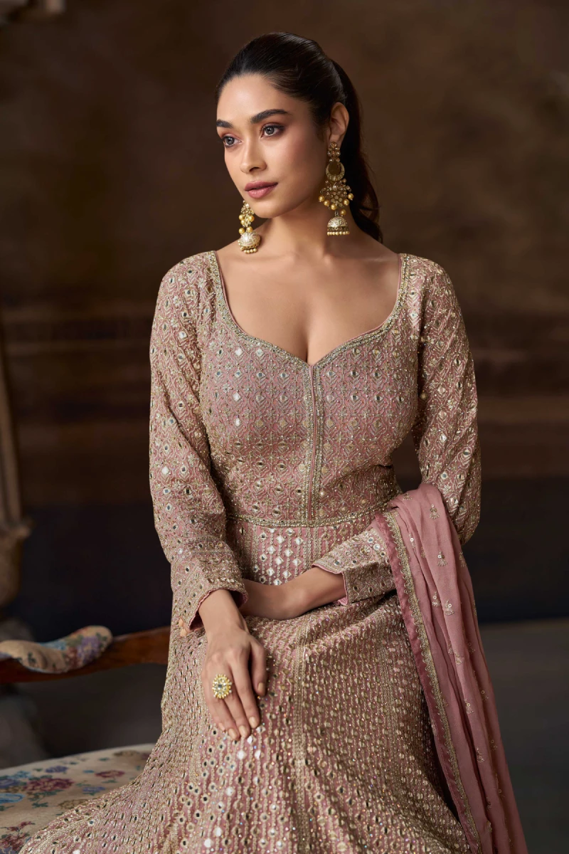 Mauve Chinon Silk Gown with Zari Embroidery & Sequins