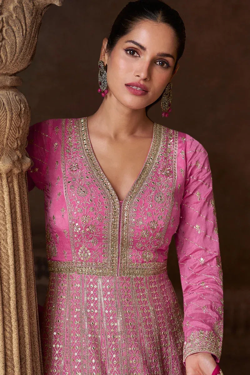 Pink Chinon Silk Gown with Embroidery & Sequins