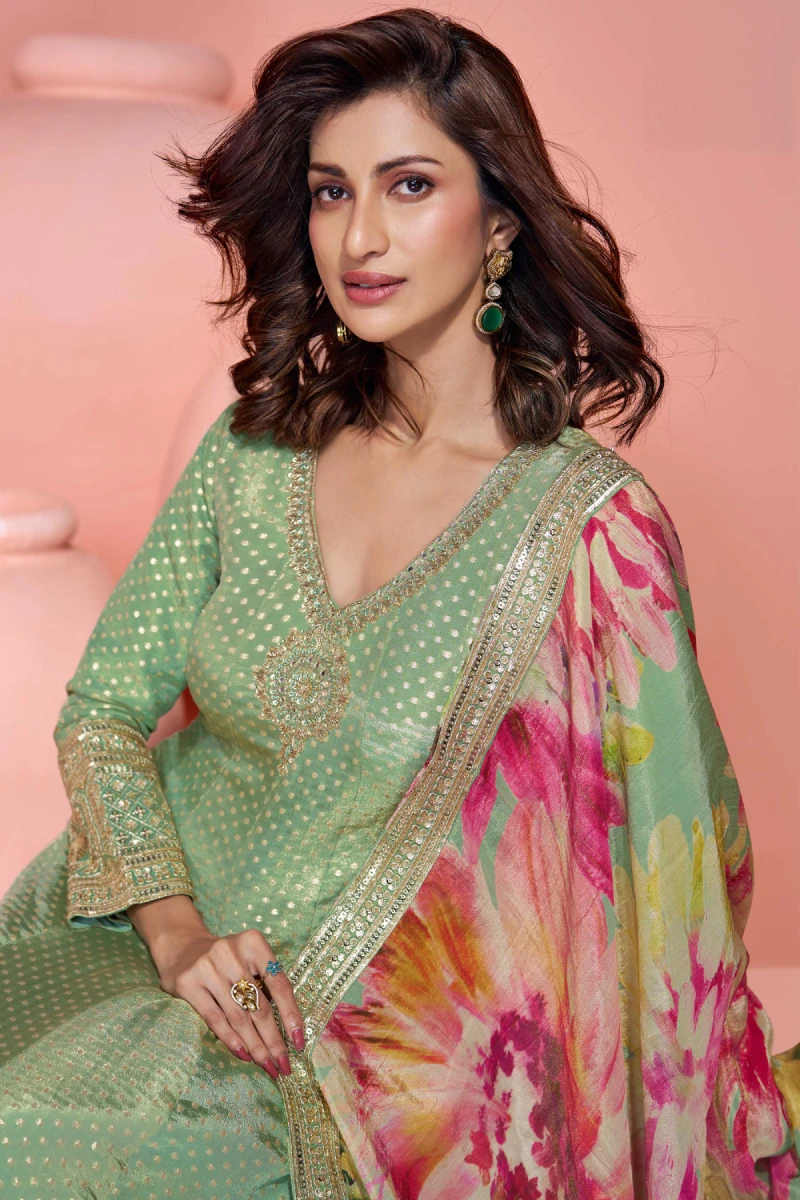 Pista Green Jacquard Silk Gown with Embroidery, Sequins & Printed Dupatta