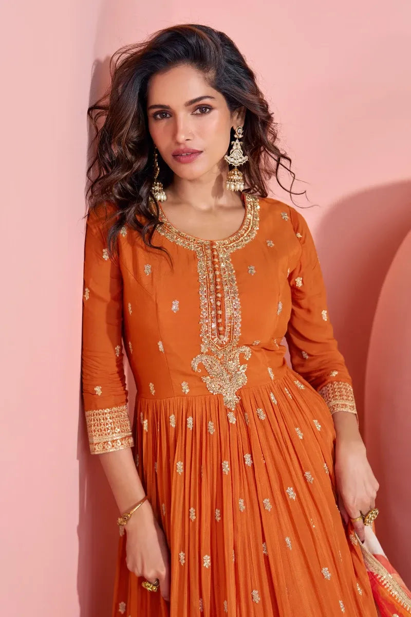 Orange Chinon Silk Gown with Zari Embroidery, Sequins & Beads