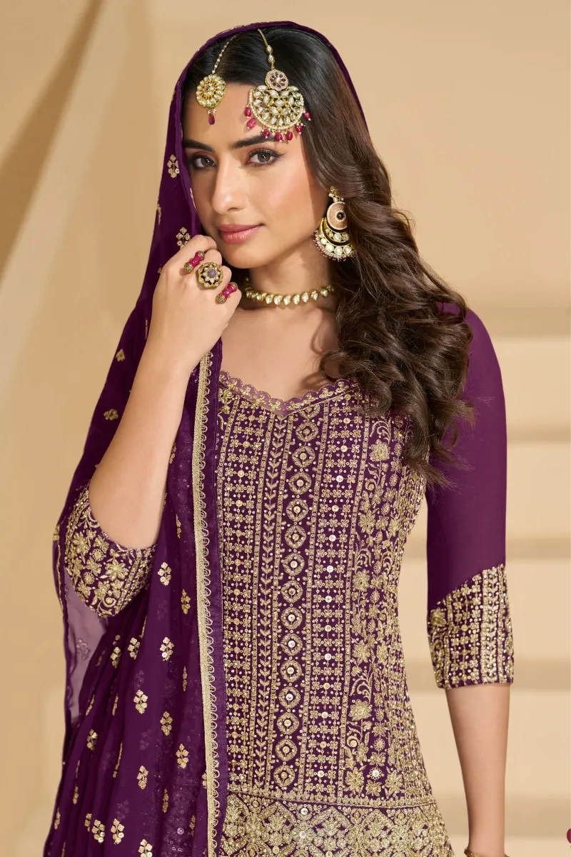 Purple Georgette Embroidered Lehenga Set