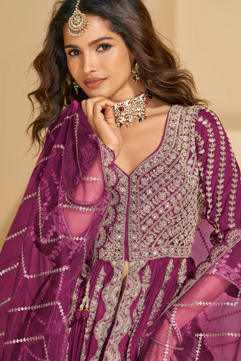 Teal Green Chinnon Silk Front Cut Anarkali Suit with Lehenga & Dupatta