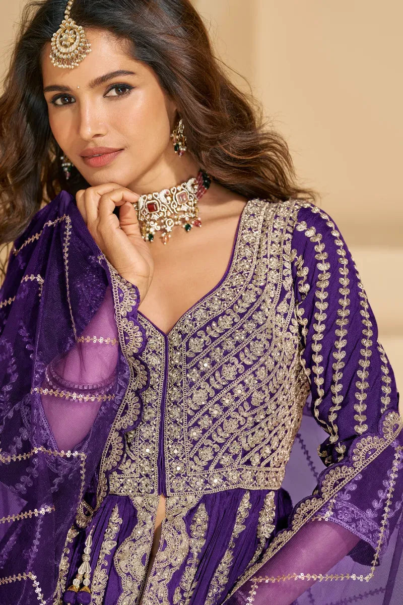 Purple Chinnon Silk Front Cut Anarkali Suit with Lehenga & Dupatta