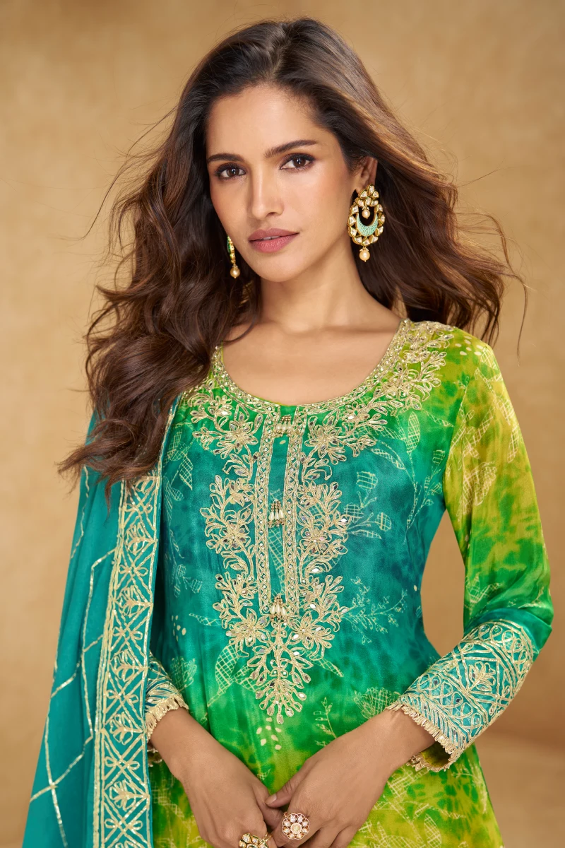 Green Tie-Dye Chinon Silk Embroidered Palazzo Suit with Dupatta
