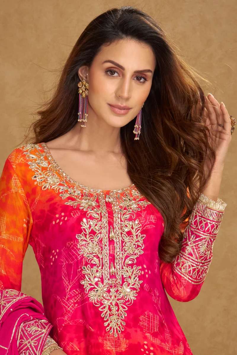 Pink Tie-Dye Chinon Silk Embroidered Palazzo Suit with Dupatta