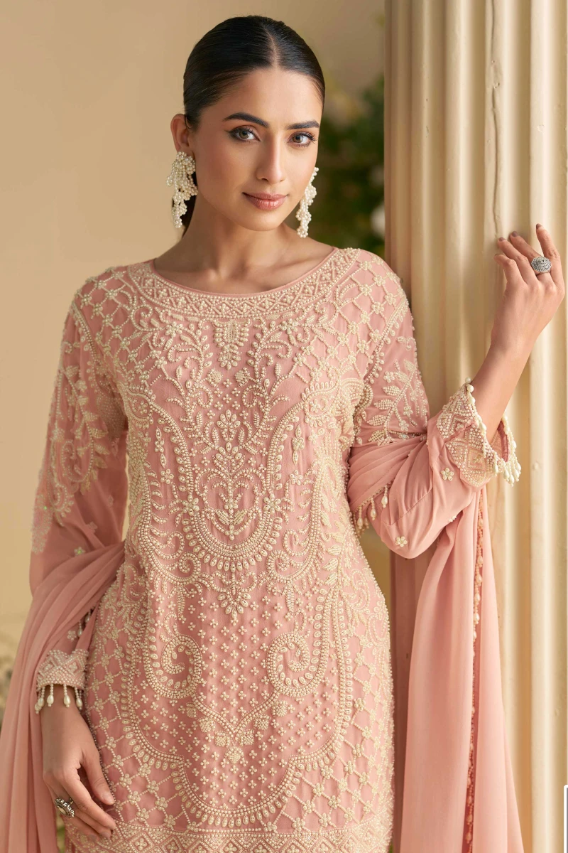 Light Pink Embroidered Georgette Straight Kurti Set with Pant and Dupatta