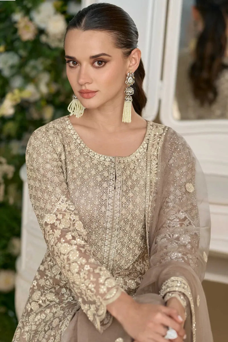 Grey Georgette A-Line Kurti Set with Sharara and Embroidered Dupatta