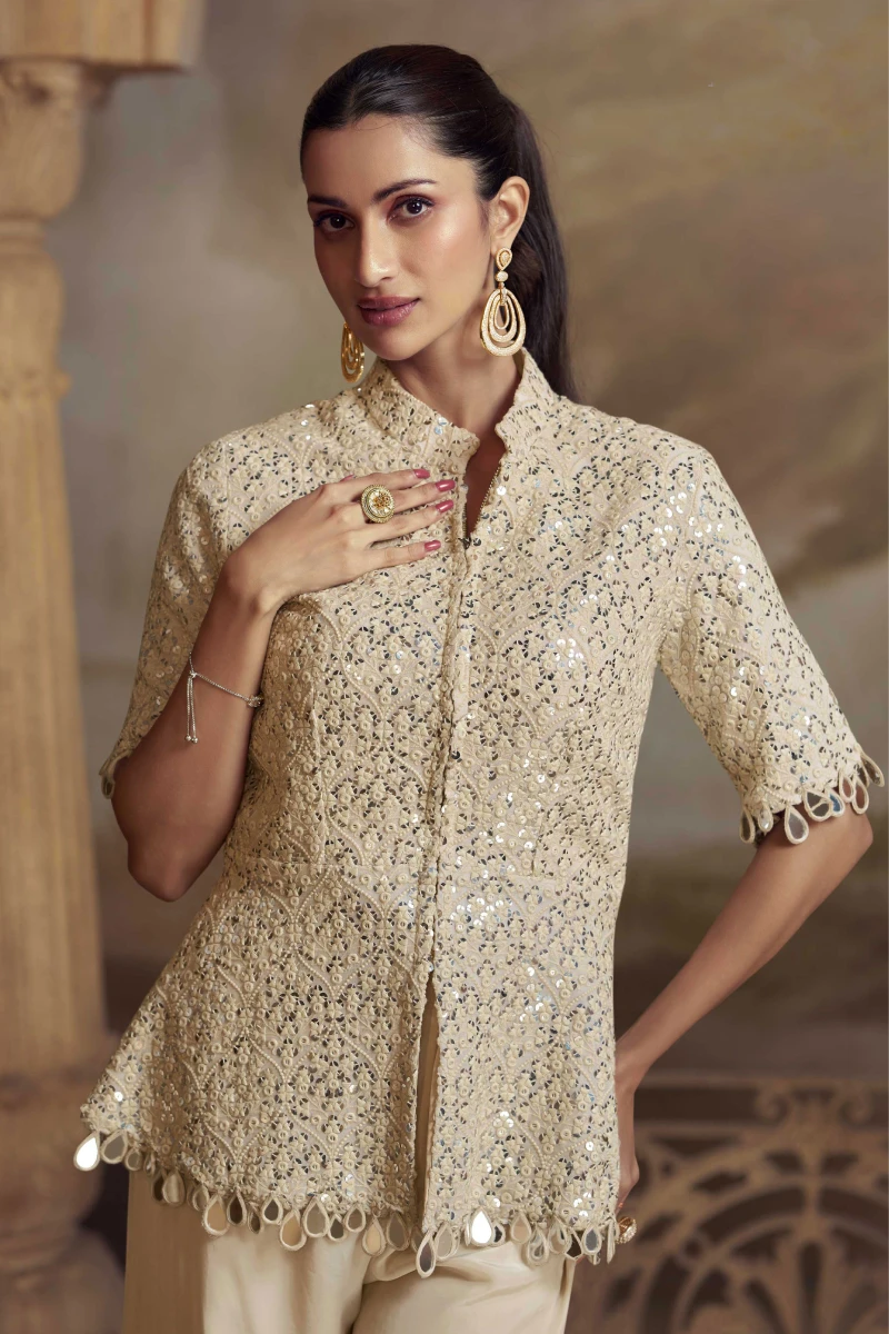 Cream Viscos Embroidered Straight Kurta with Palazzo