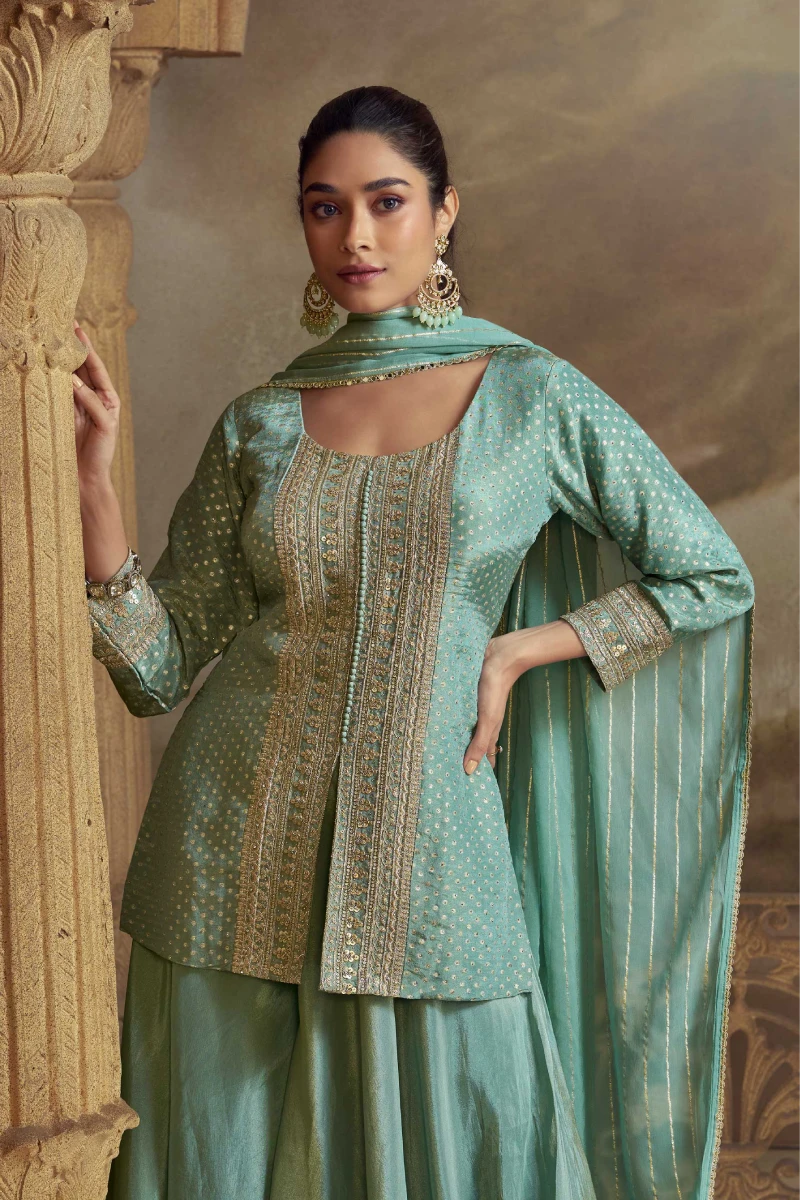 Sea Green Viscos Embroidered Straight Kurta Set with Palazzo and Tassel Dupatta