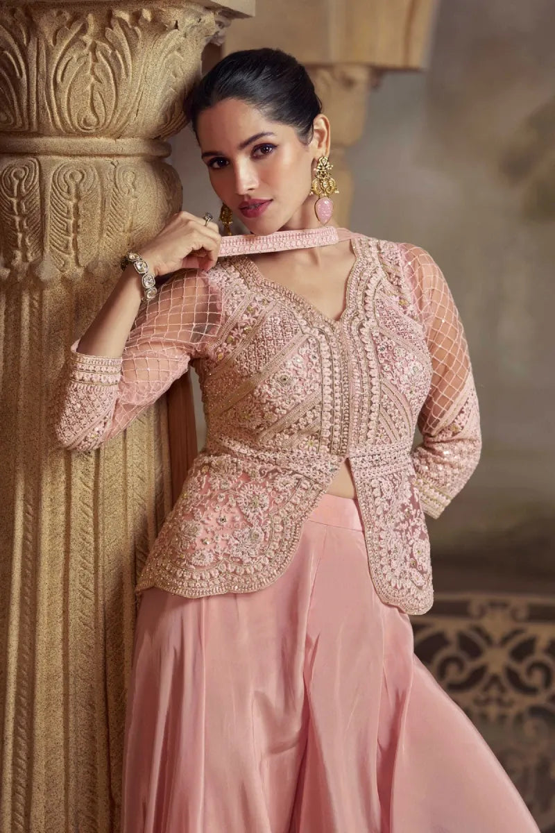 Rose Pink Viscos Embroidered Straight Kurta Set with Palazzo and Tassel Dupatta