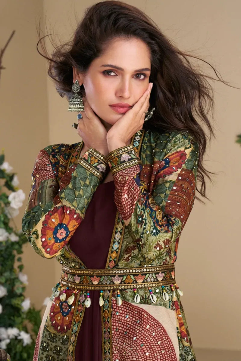 Maroon Georgette Gown with Multi-Colored Embroidered Jacket