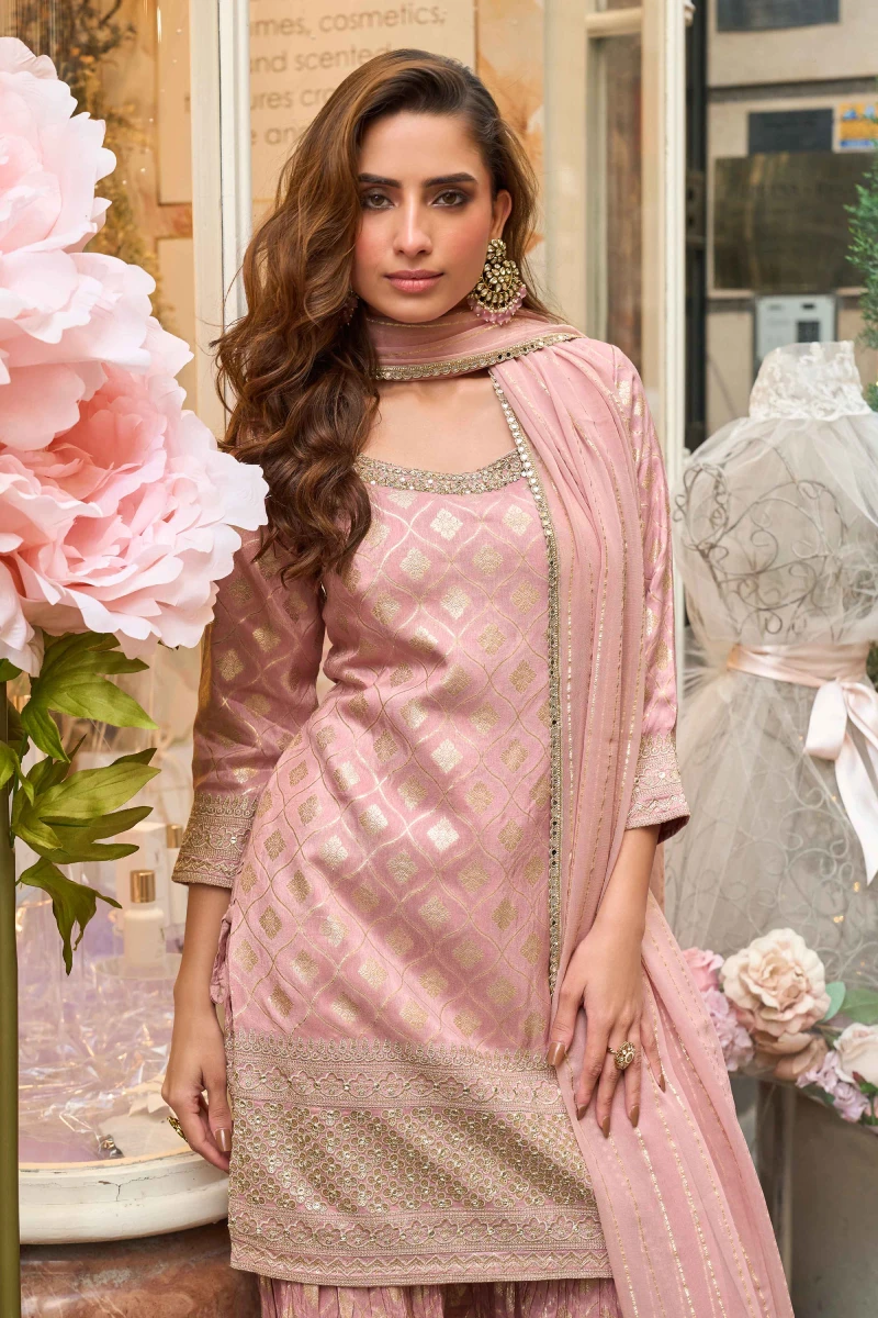 Pink Viscose Gharara Suit with Zari & Sequins Work