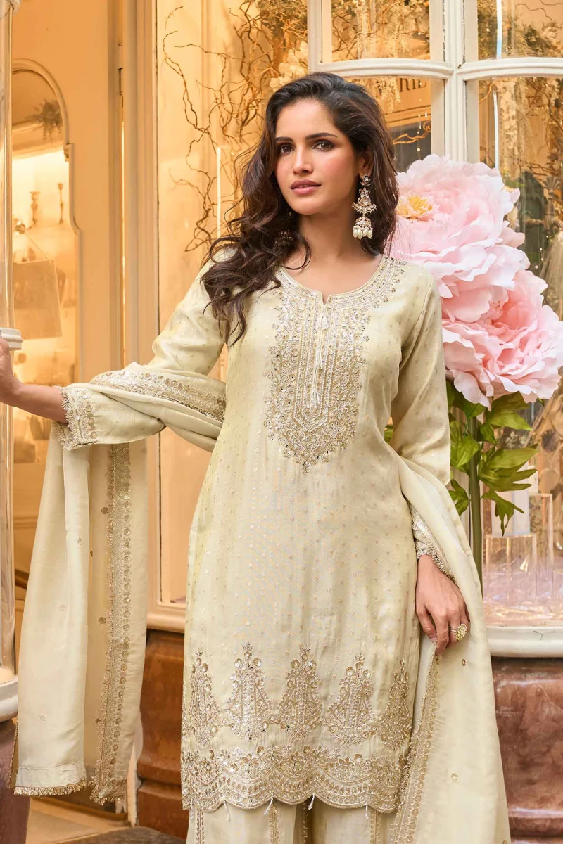 Off-White Viscose Gharara Suit with Zari, Beads & Sequins Work
