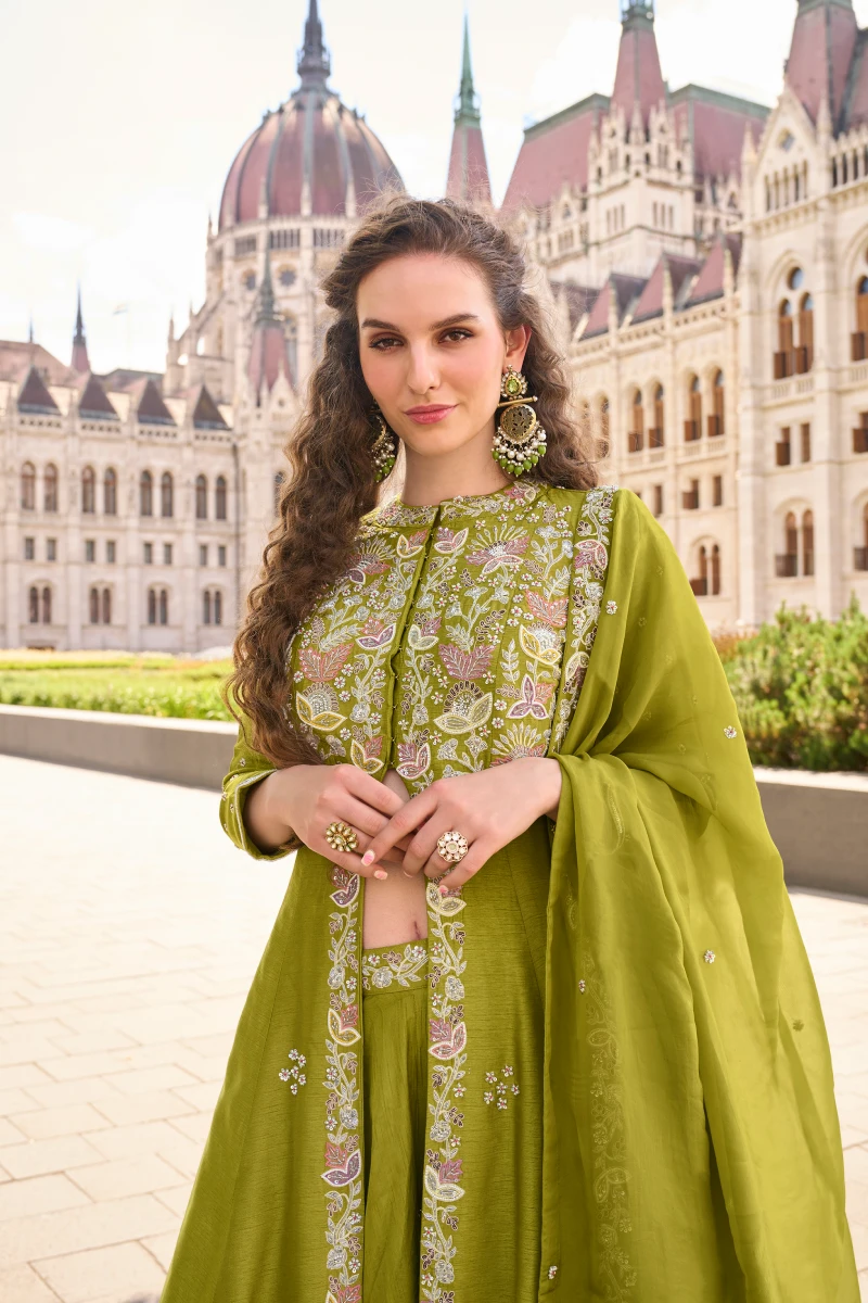 Mehendi Green Real Silk Embroidered Palazzo Suit with Dupatta