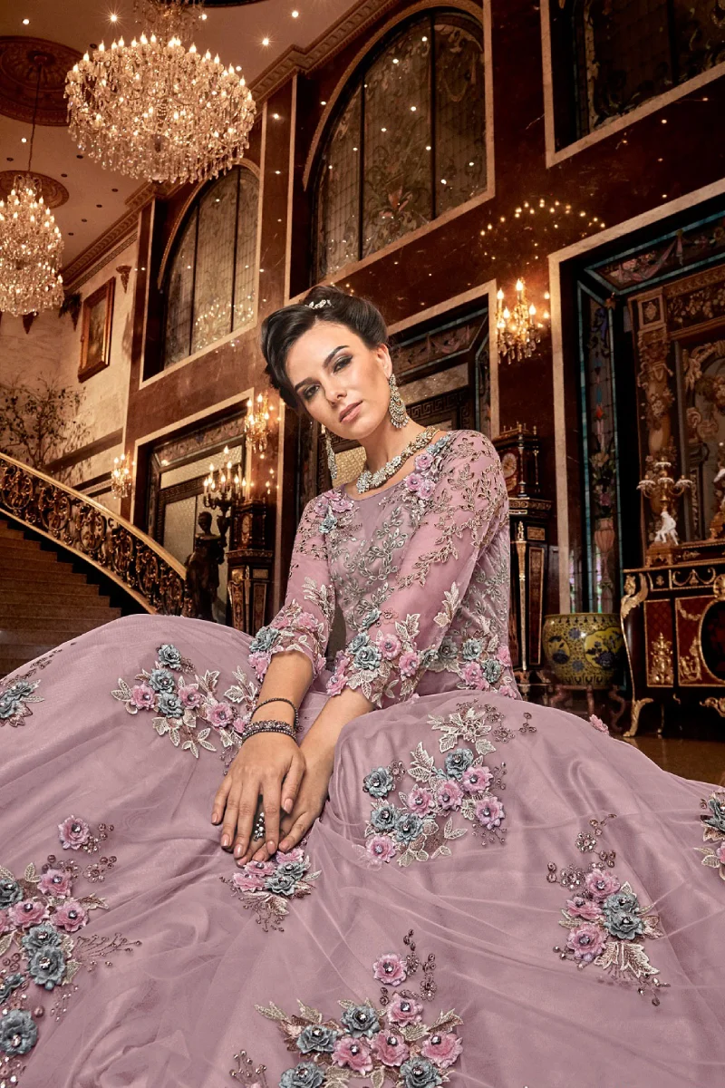 Lavender Net Churidar Anarkali Suit