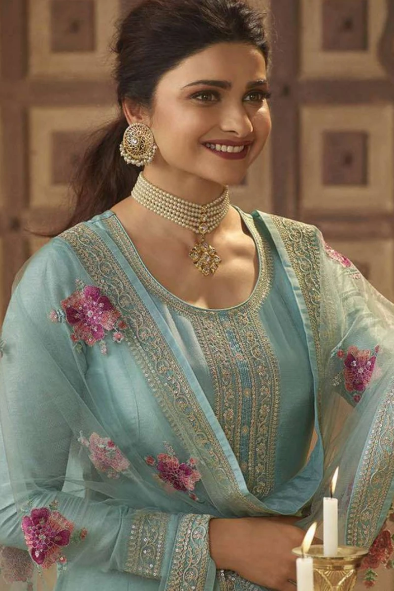 Sky Blue Dola Silk Embroidered Anarkali Suit