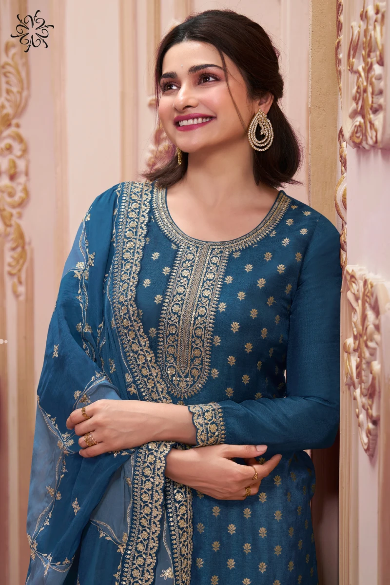 Blue Embroidered Salwar Suit in Jacquard