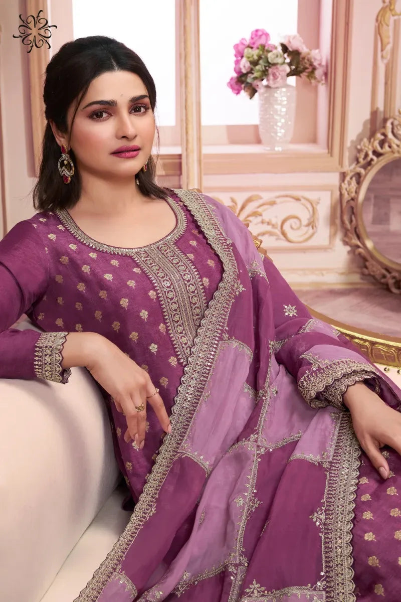 Magenta Embroidered Salwar Suit in Jacquard