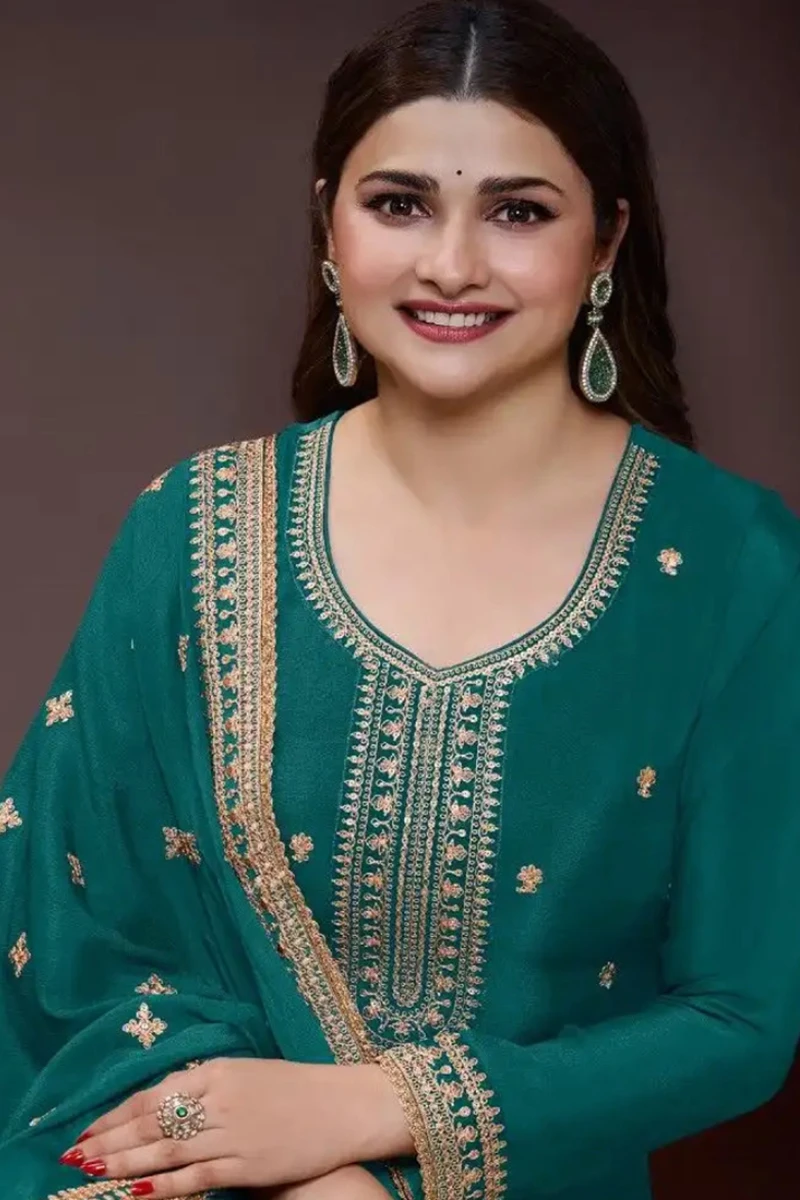 Designer Teal Green Chinon Silk Embroidered Sharara Suit