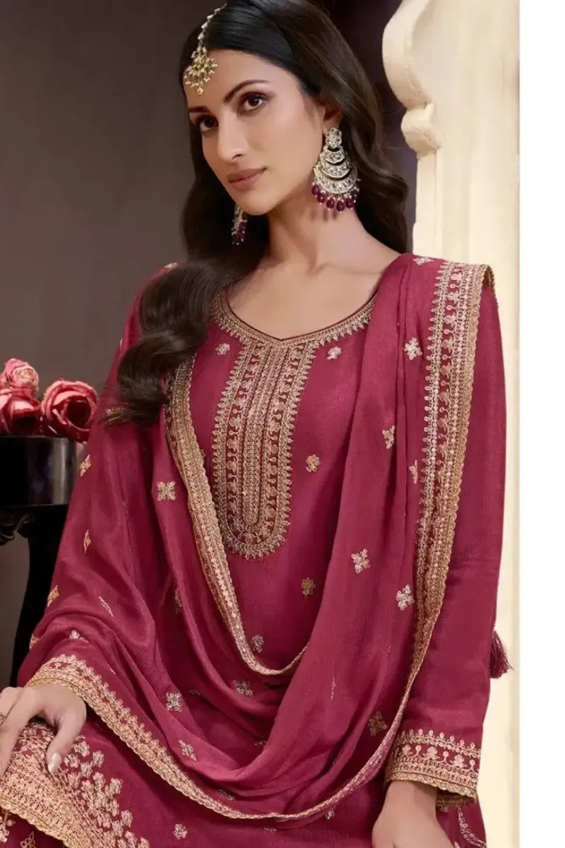 Designer Maroon Chinon Silk Embroidered Sharara Suit