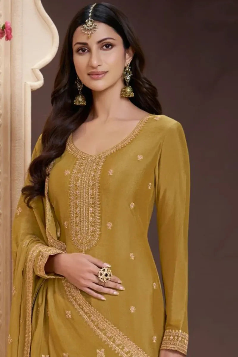 Designer Yellow Chinon Silk Embroidered Sharara Suit