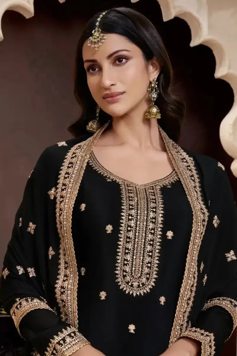 Designer Black Chinon Silk Embroidered Sharara Suit