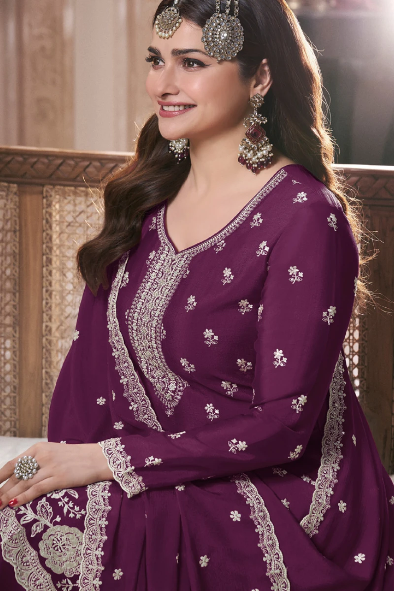 Violet Chinon Silk Embroidered Plazzo Suit