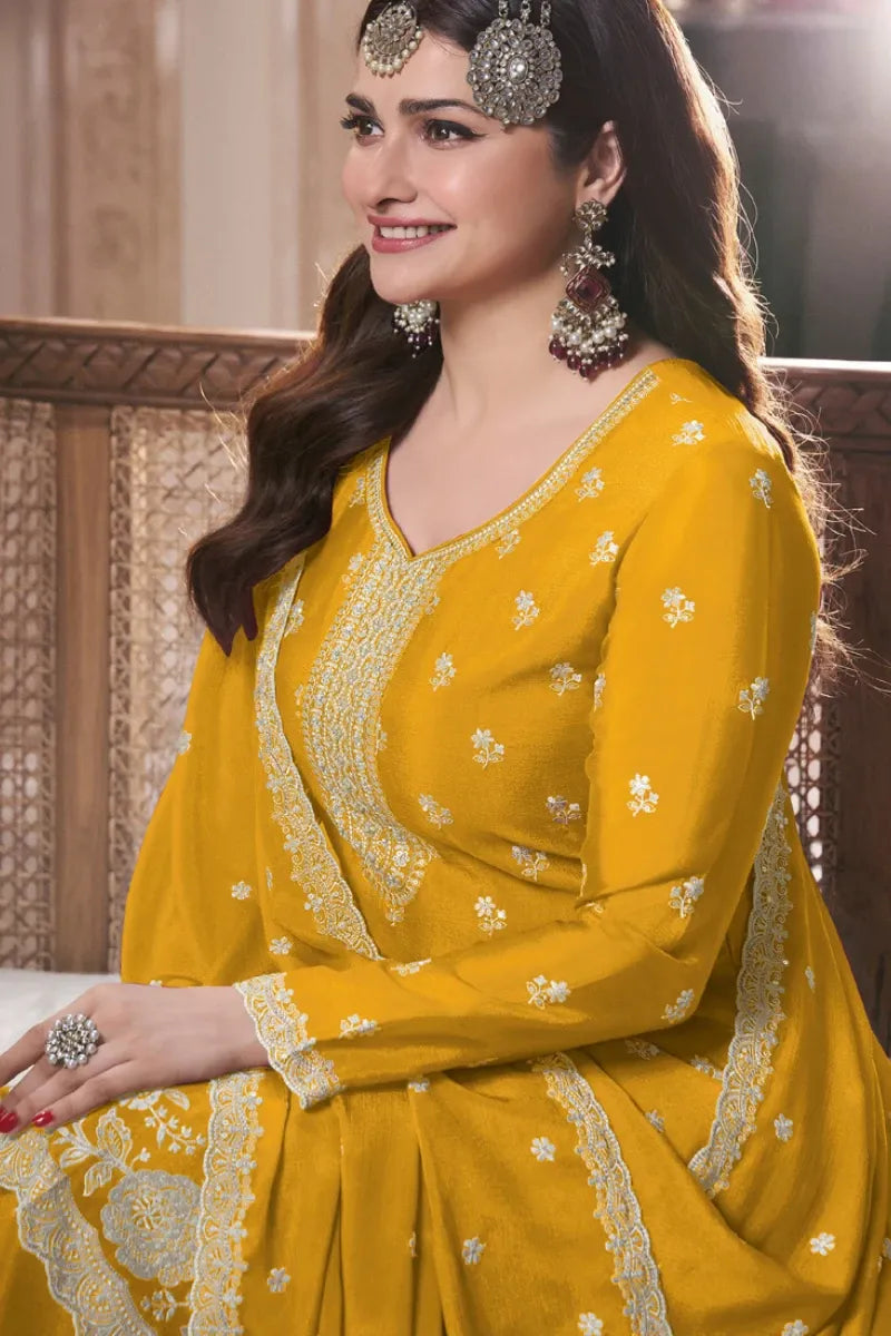 Yellow Chinon Silk Embroidered Plazzo Suit