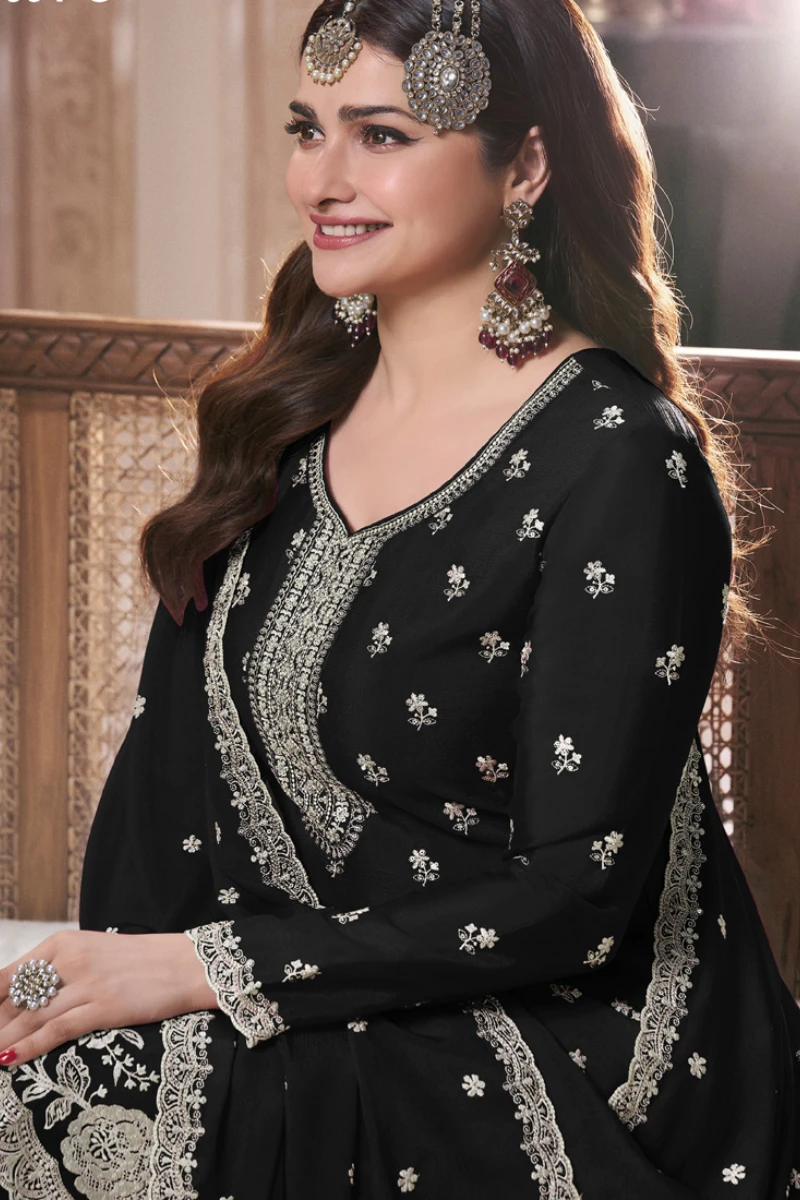 Black Chinon Silk Embroidered Plazzo Suit