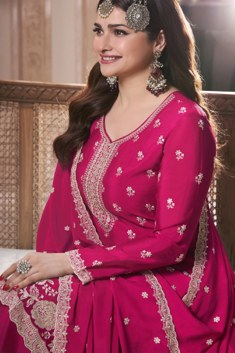 Rani Pink Chinon Silk Embroidered Plazzo Suit